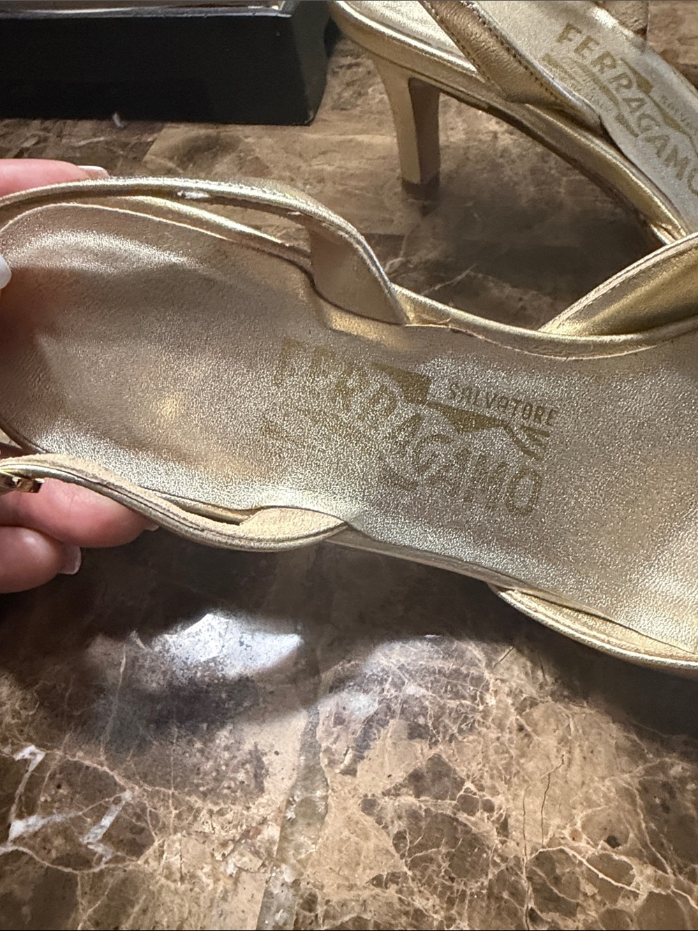 Salvatore Ferragamo Metallic Gold Pointed-Toe Slingback Heels - Picture 4 of 10